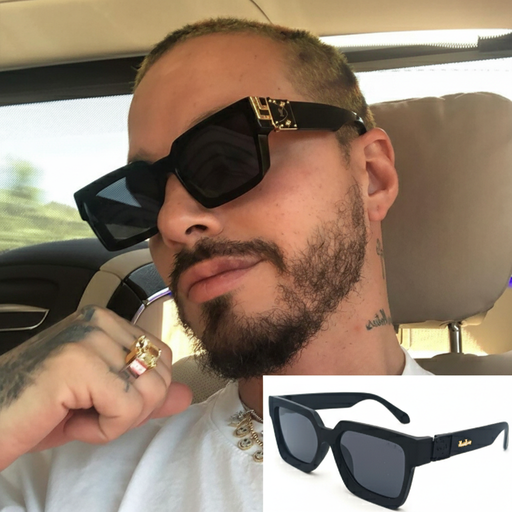 Gafas de sol estilo J Balvin con diseño urbano y detalles dorados